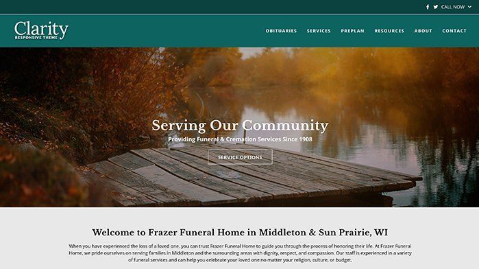 A website for a funeral home with a wooden pier in the middle of a lake.