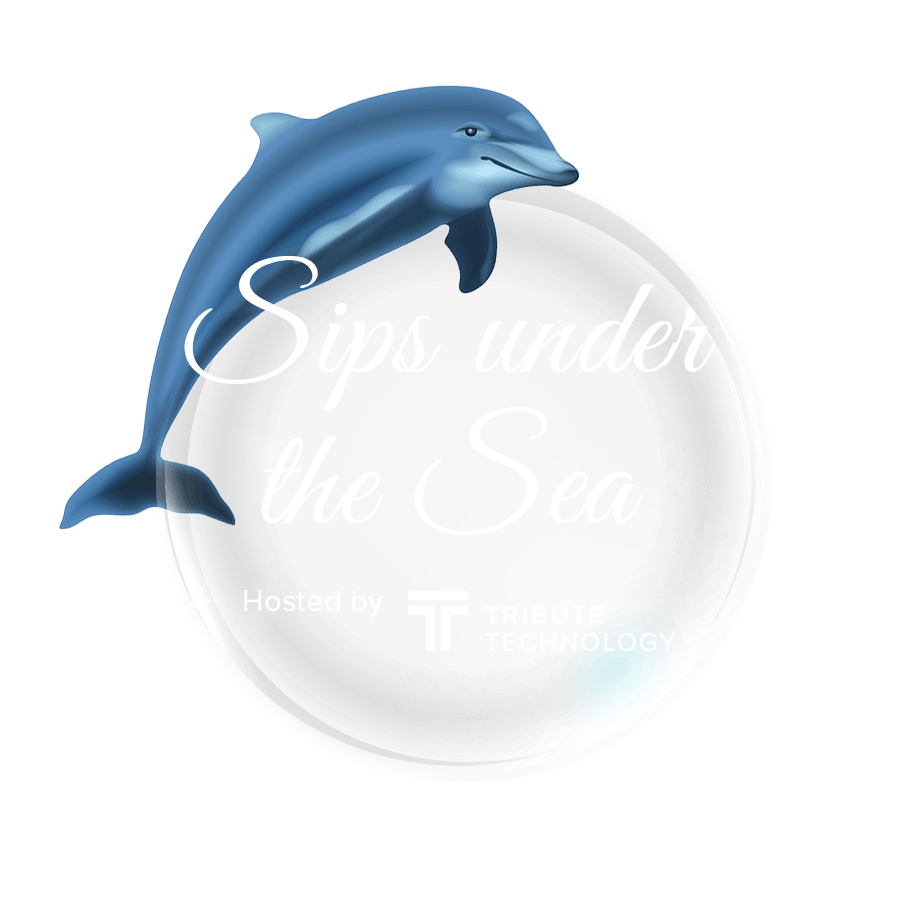 A blue dolphin is jumping out of a white circle that says sips under the sea