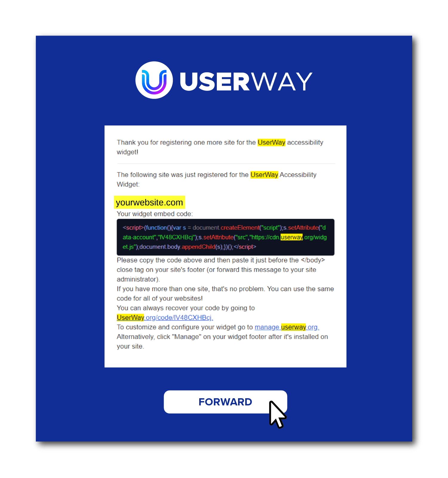 A screenshot of a userway email with a cursor pointing to the forward button.