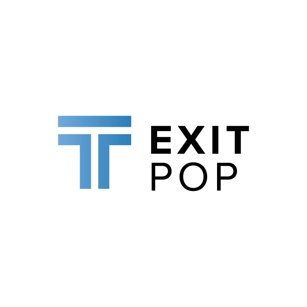 A logo for exit pop with a blue t and black letters on a white background.