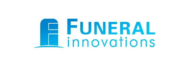 The logo for funeral innovations is blue and white