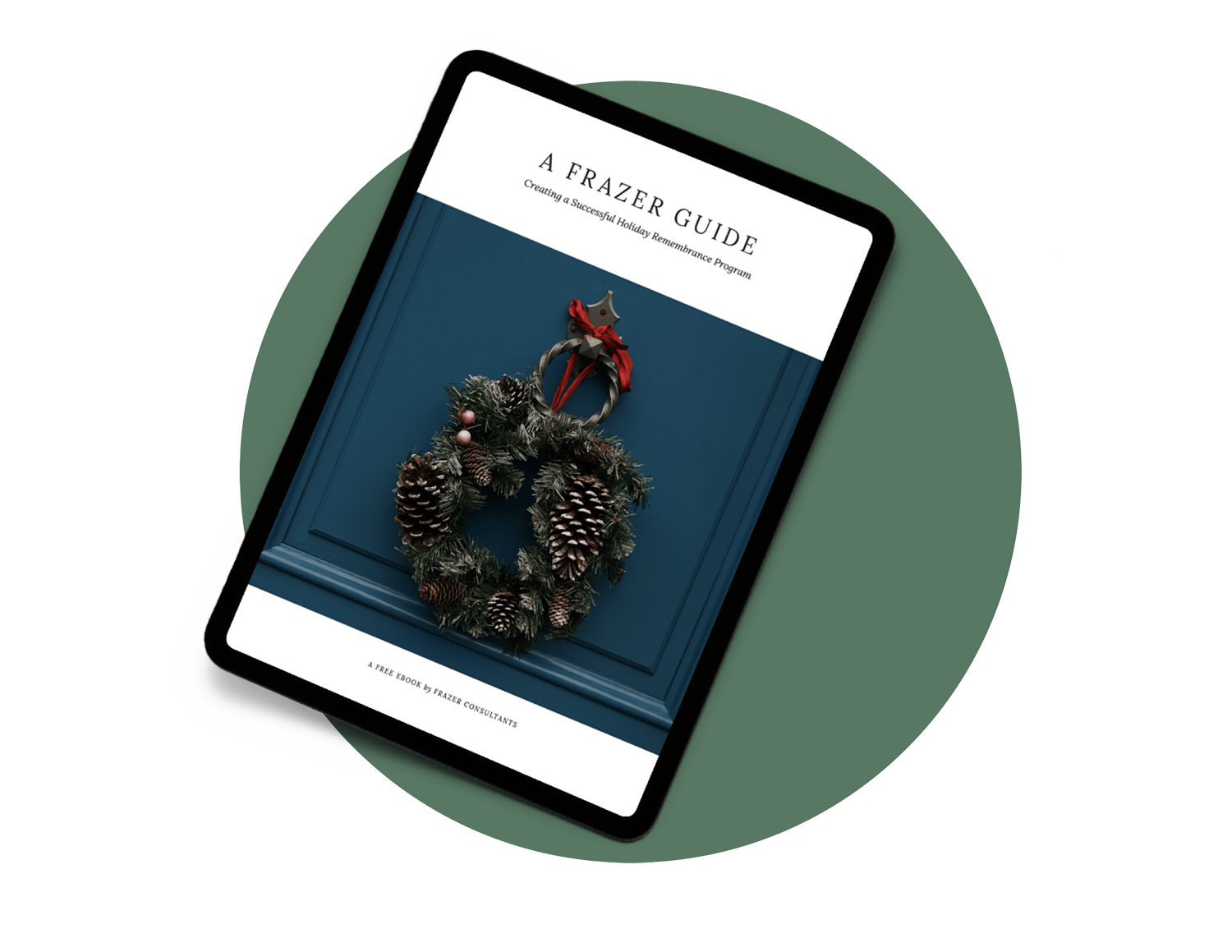 A tablet with a wreath on it is sitting on a green circle.