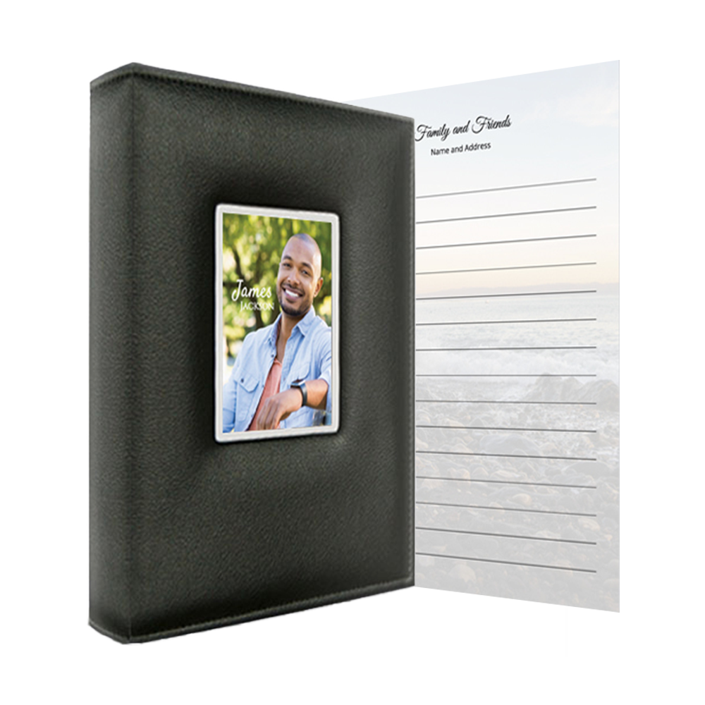 A black book with a picture of a man on it