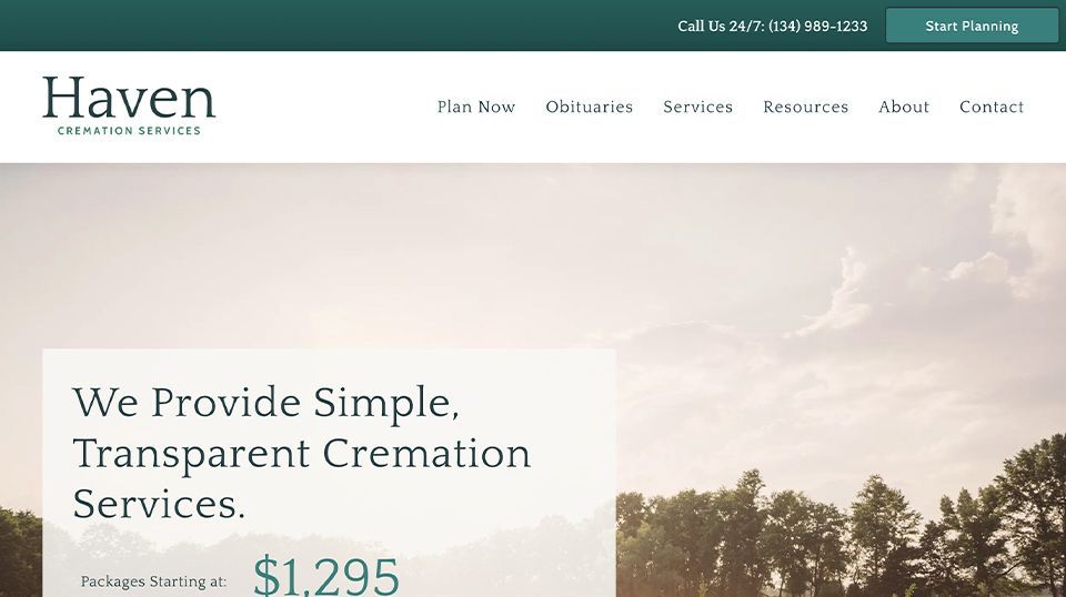 A screenshot of a website for haven cremation services
