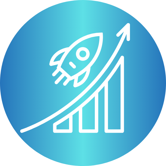 A rocket is flying over a graph in a blue circle.