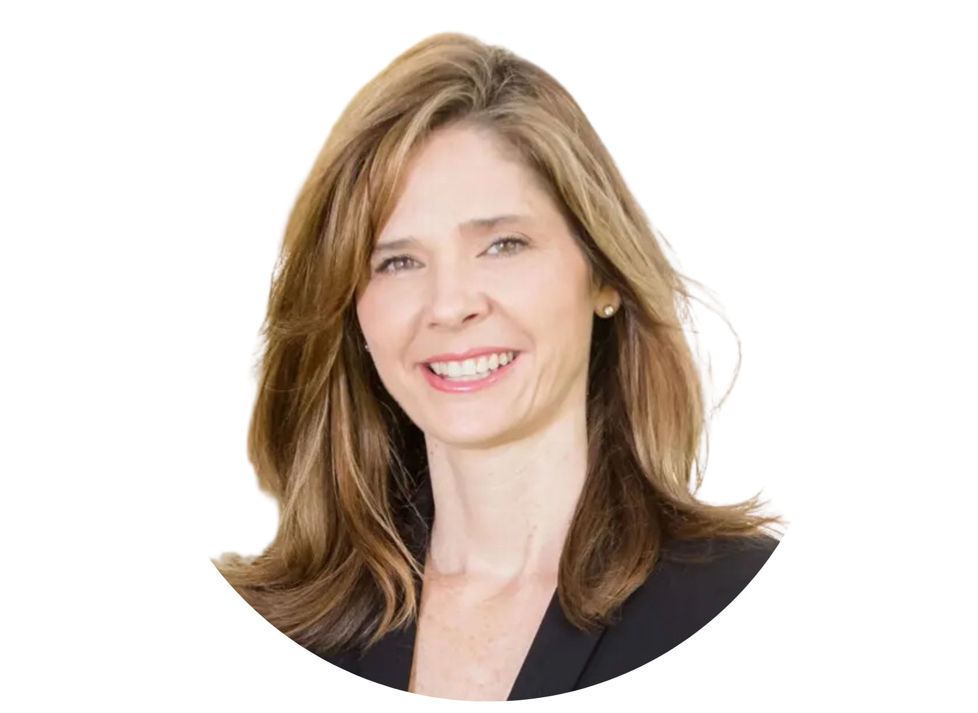 A woman in a black jacket is smiling for the camera