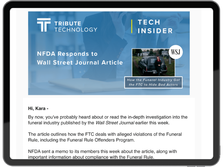 A tablet screen shows an email from tech insider