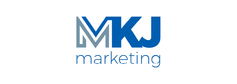 A blue and white logo for mkj marketing