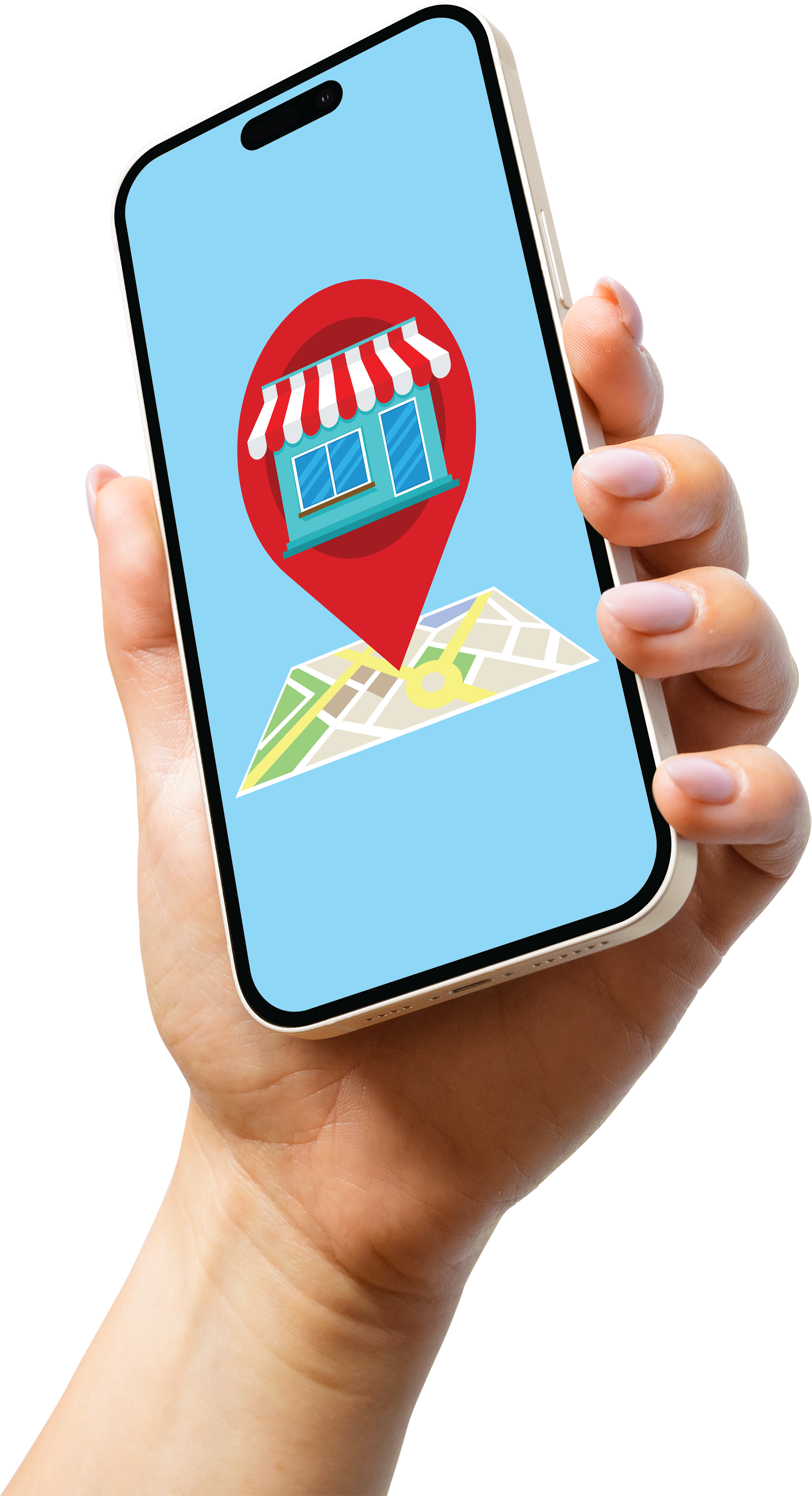 A hand is holding a cell phone with a map on the screen.