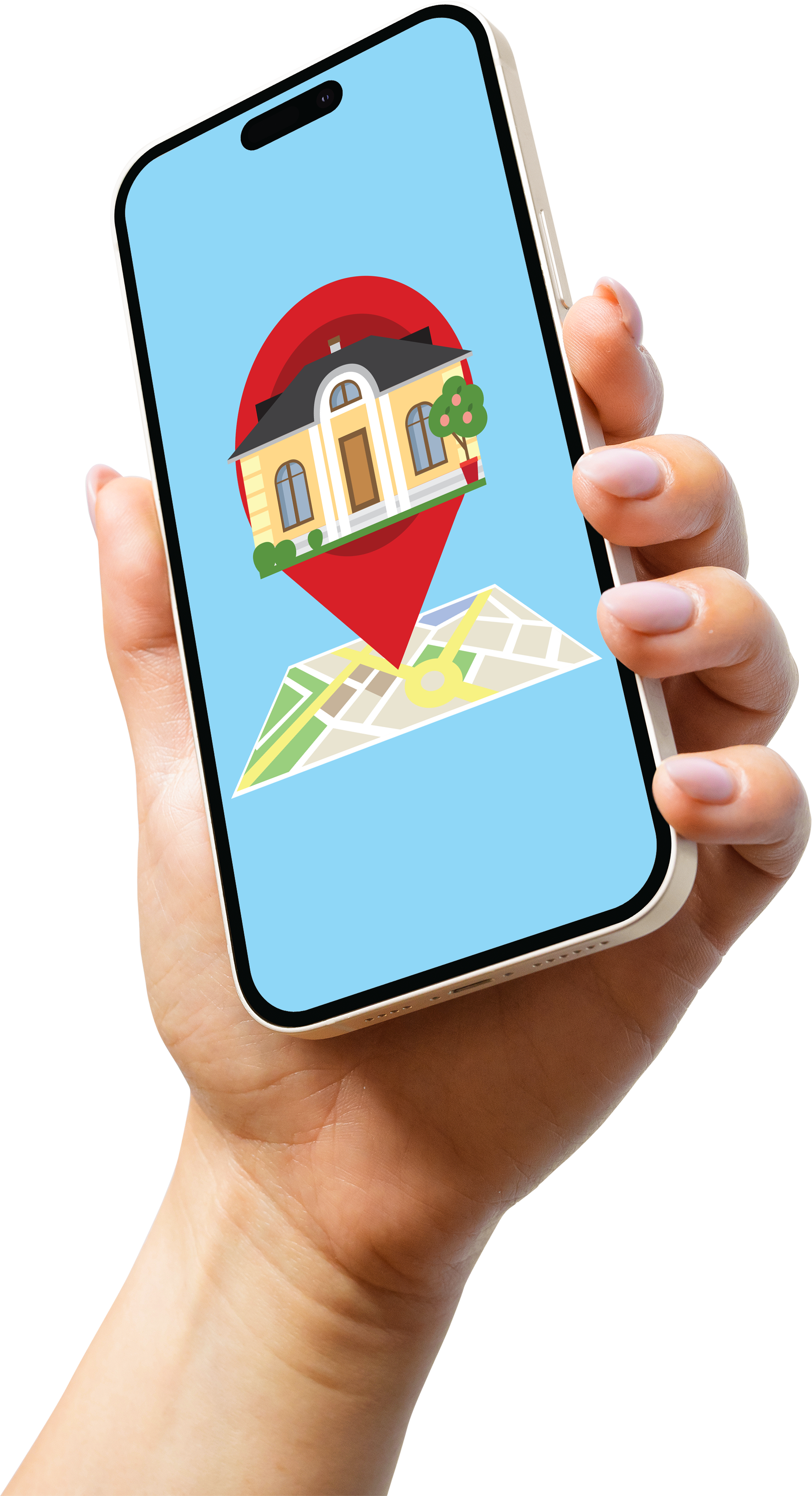A hand is holding a cell phone with a house on the screen.