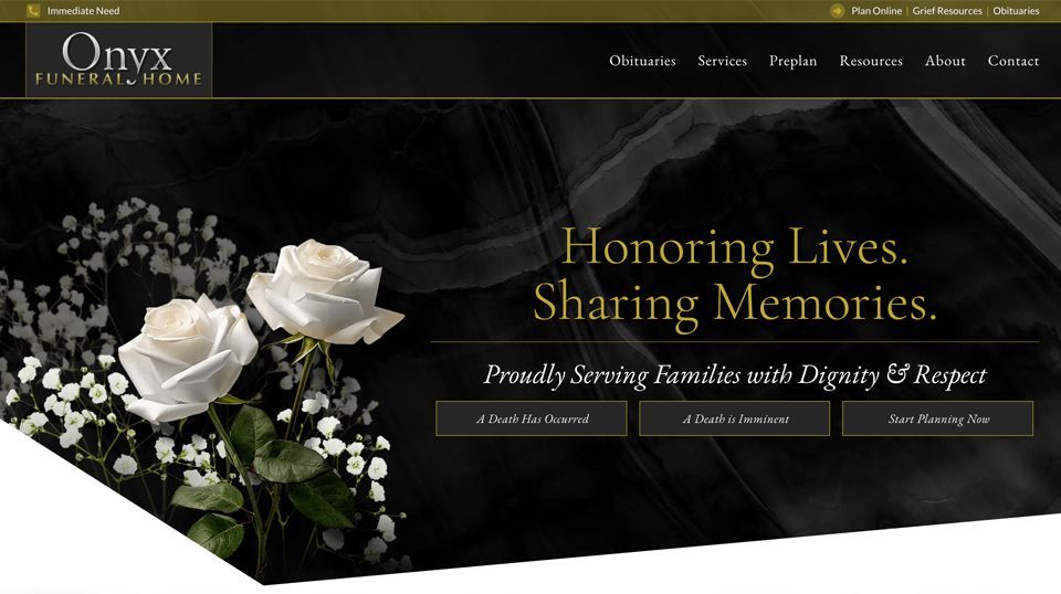 A website for onyx funeral home shows two white roses