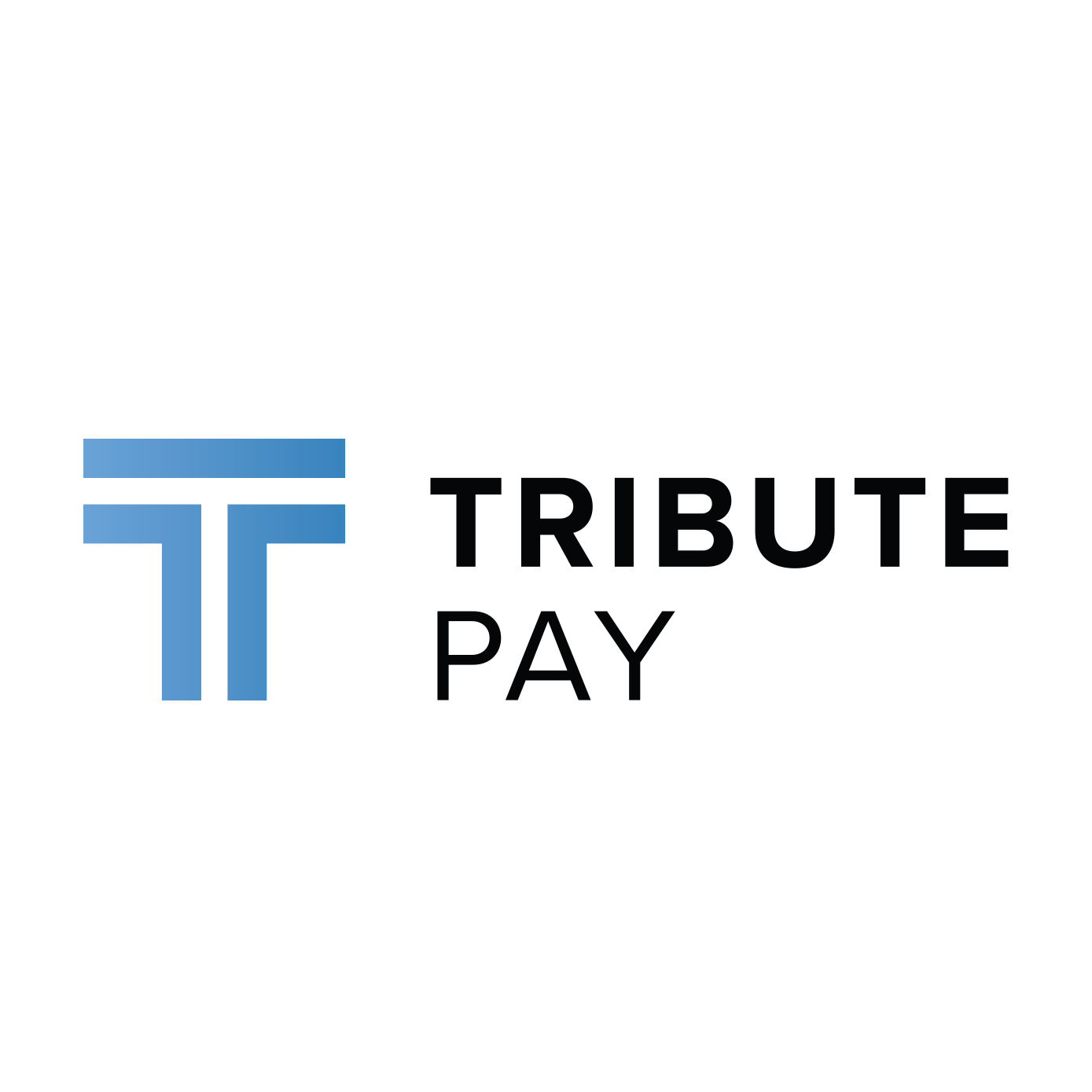 The logo for tribute pay is a blue and black logo on a white background.