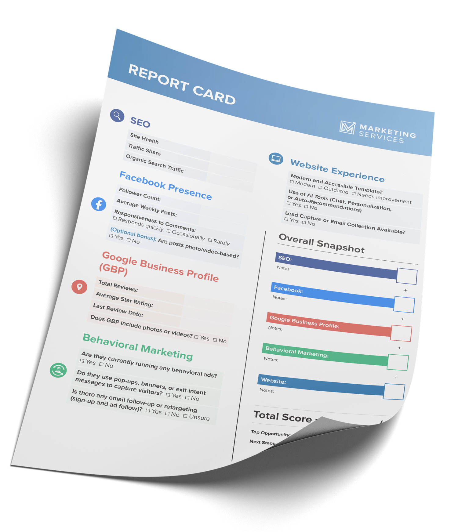 Report card with blue header, lined sections for grades/notes, and a client box.