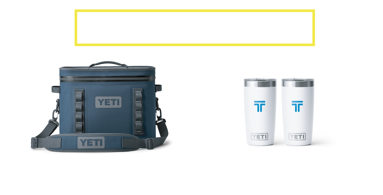 A blue yeti cooler and two white yeti tumblers on a white background.
