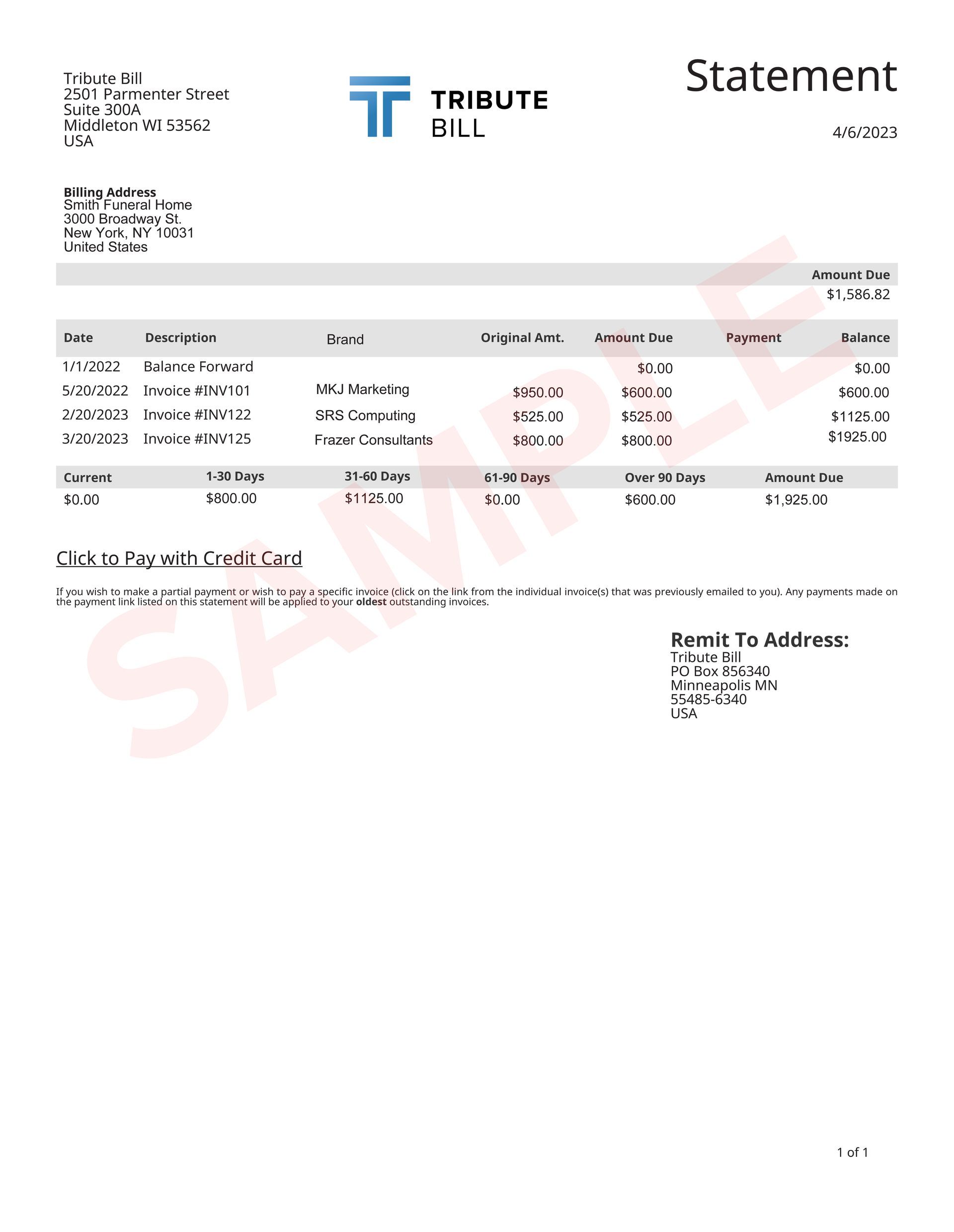 A sample of a tribute bill is shown on a white background.