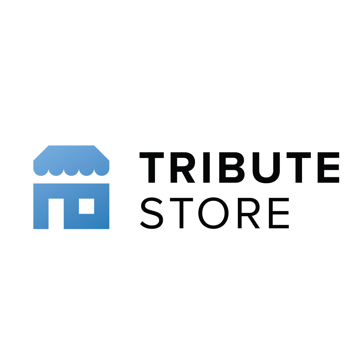 The logo for tribute store is a blue store with a blue awning.
