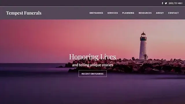 A website for tempest funerals shows a lighthouse on a small island in the ocean.