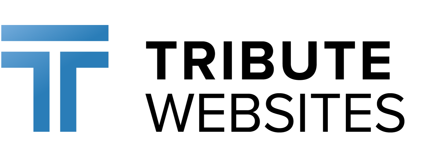 A blue and black logo for tribute websites