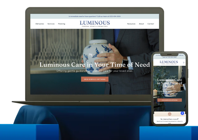 A laptop and a cell phone are displaying a website for luminous care in your time of need.
