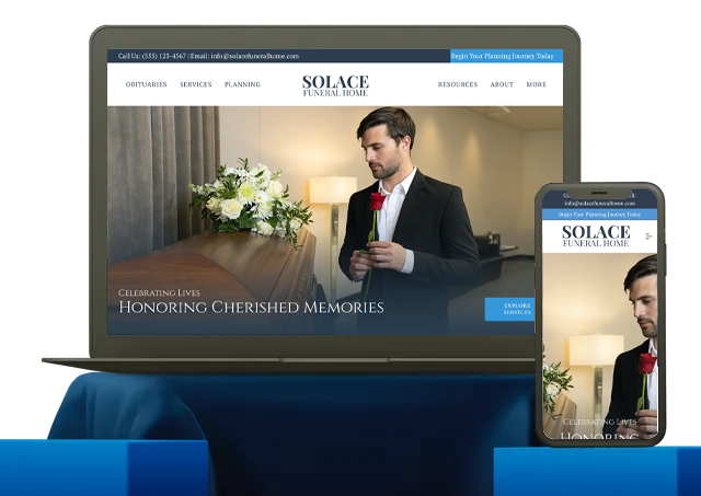 A man in a suit is standing in front of a coffin on a laptop and phone.