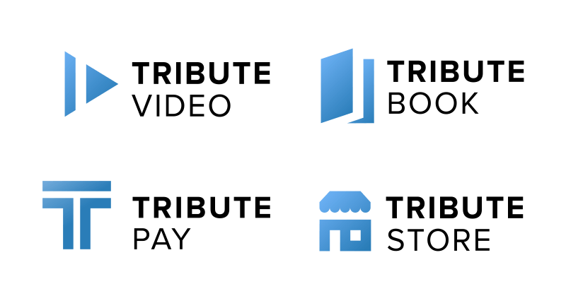 A set of four logos for tribute video , tribute book , tribute pay , and tribute store.
