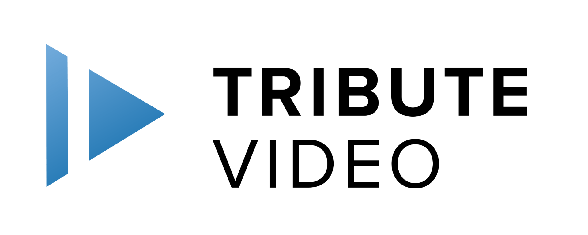 A logo for tribute video with a blue arrow pointing to the right.