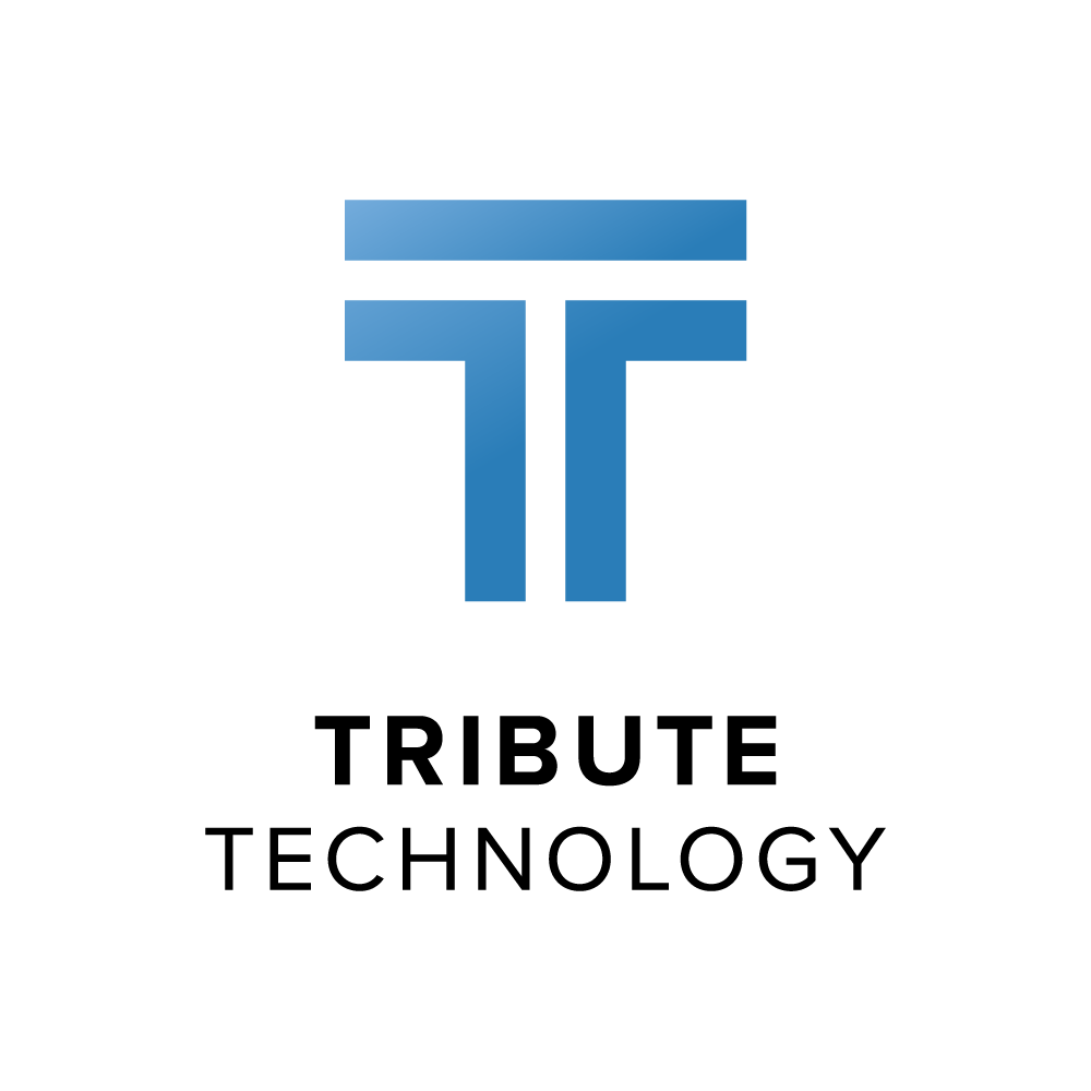 A logo for tribute technology with a blue t on a white background.