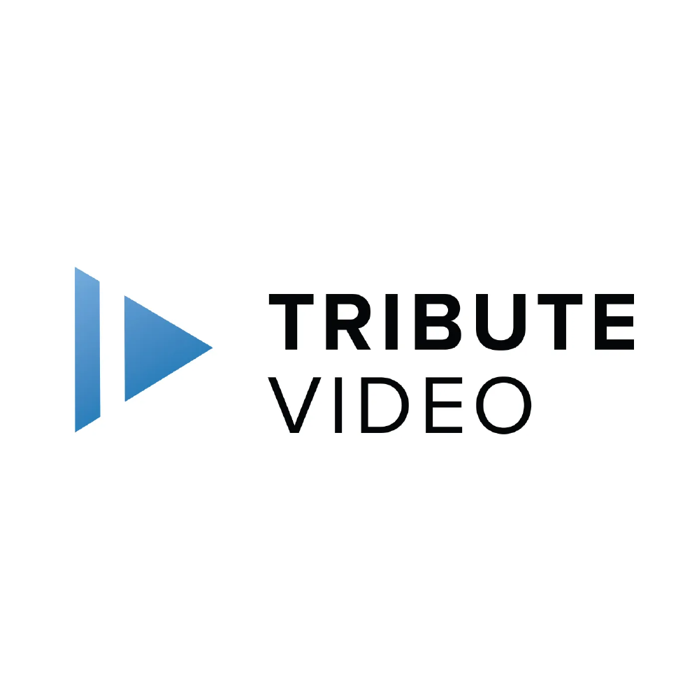A logo for tribute video with a blue arrow pointing to the right.