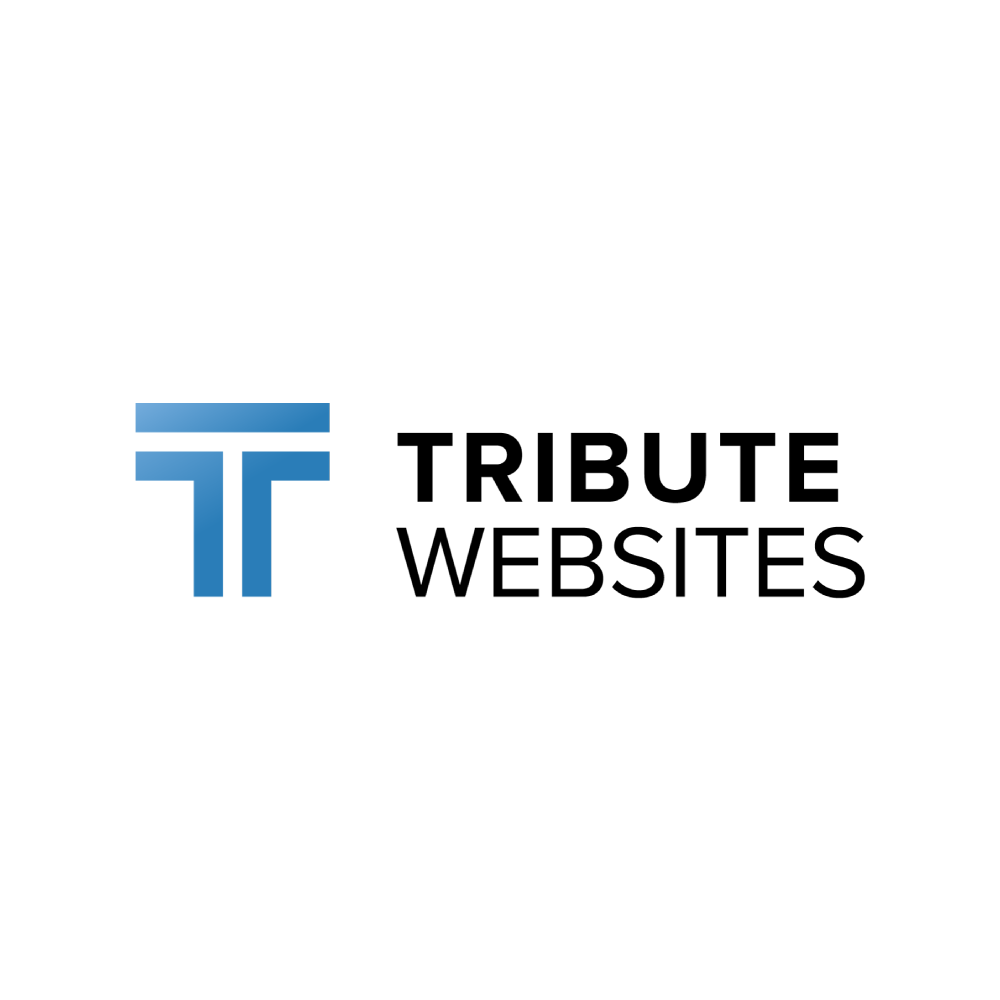 A logo for tribute websites with a blue t on a white background.