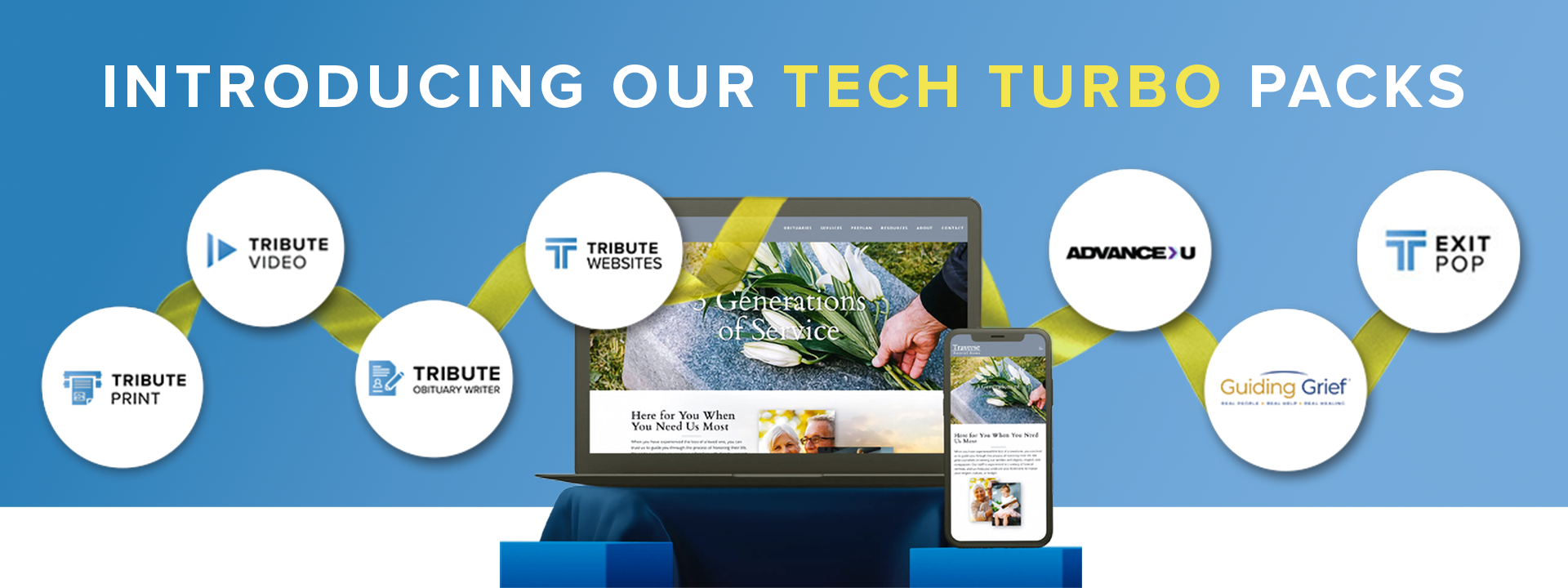A laptop and a cell phone on a blue background with the words introducing our tech turbo packs