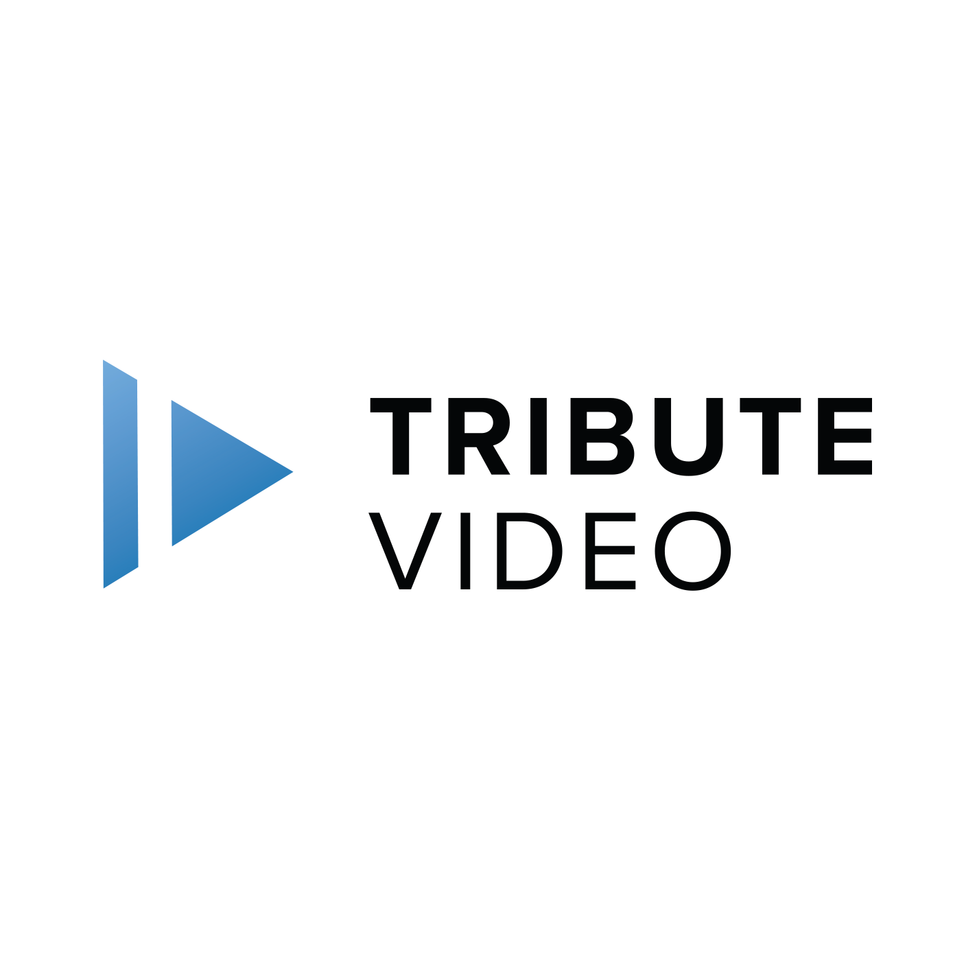 A logo for tribute video with a blue arrow pointing to the right.