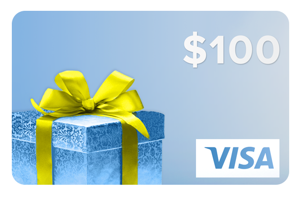 A $100 visa gift card with a blue gift box