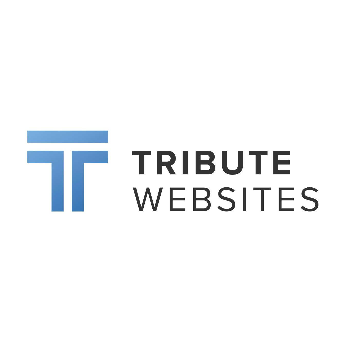 A logo for tribute websites with a blue t on a white background.