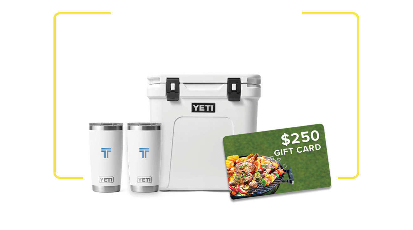 A yeti cooler , two tumblers , and a $ 250 gift card.