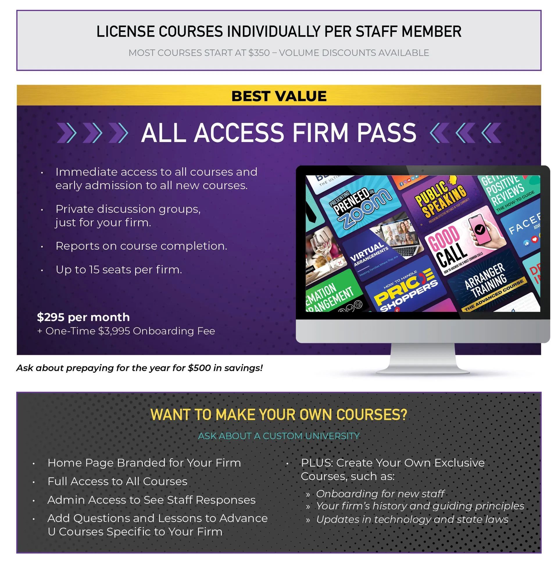 An advertisement for a license courses individually per staff member