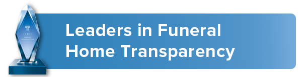 A blue banner that says leaders in funeral home transparency