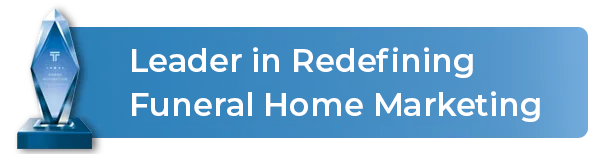A blue banner that says leader in redefining funeral home marketing