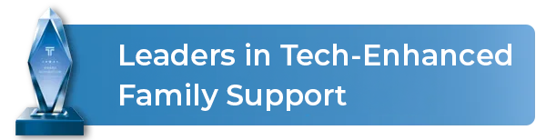 A blue sign that says leaders in tech-enhanced family support