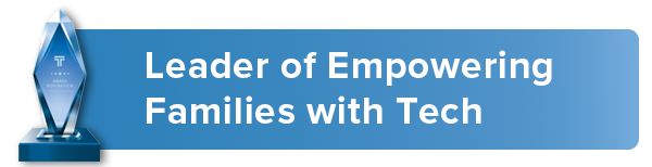A blue sign that says leader of empowering families with tech