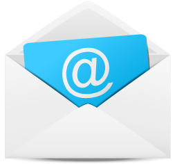 A white envelope with a blue at sign on it