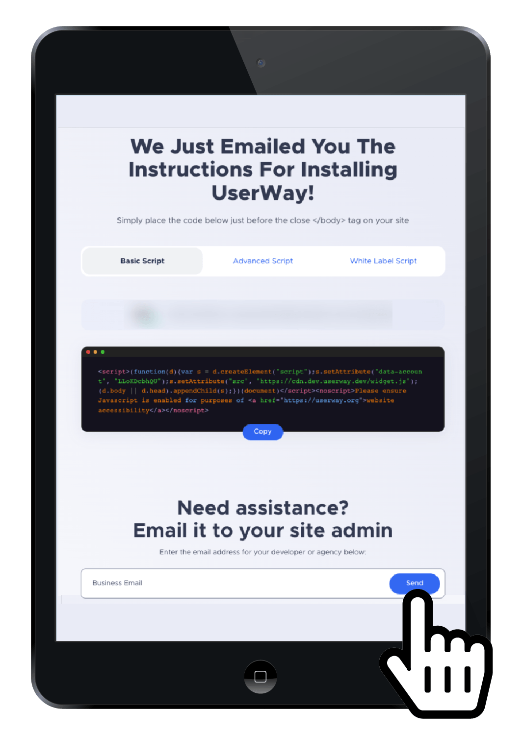 A tablet is open to a page that says `` we just emailed you the instructions for installing userway ! ''