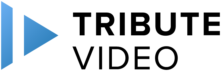 A logo for tribute video with a blue arrow pointing to the right.