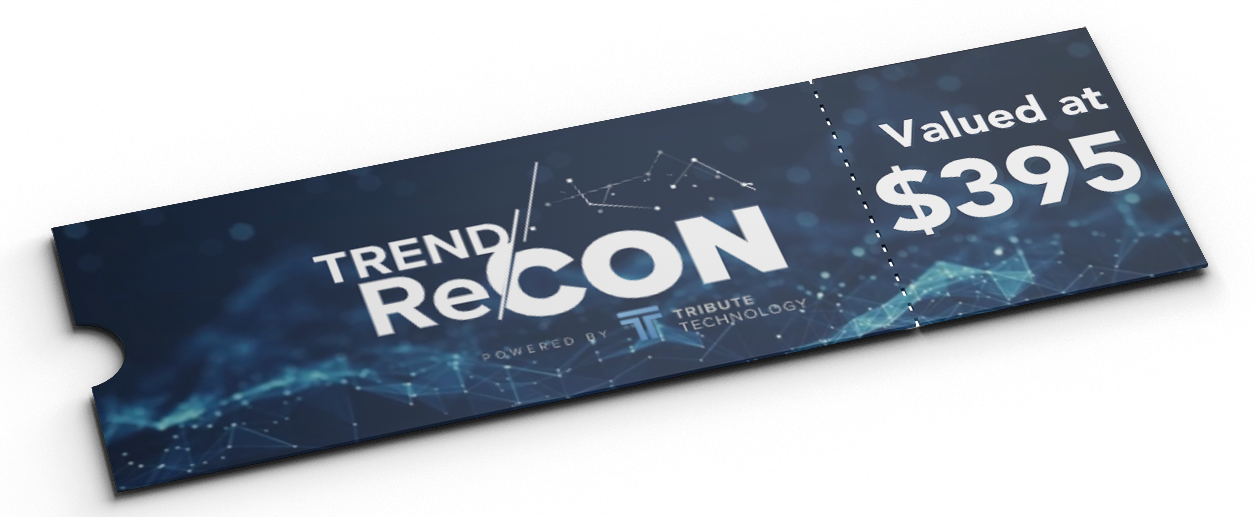 A blue ticket that says trend recon valued at $ 395