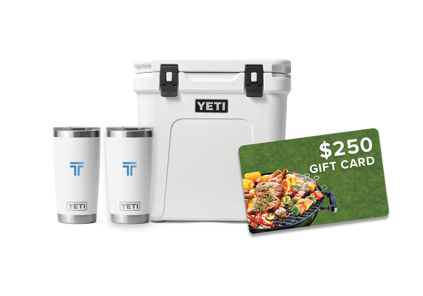A yeti cooler , two tumblers , and a $ 250 gift card.