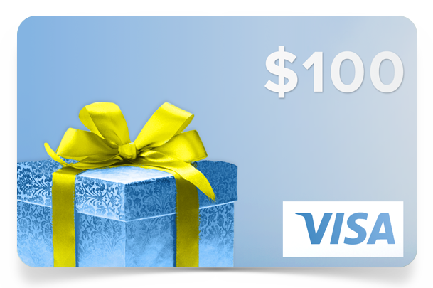 A $100 visa gift card with a blue gift box