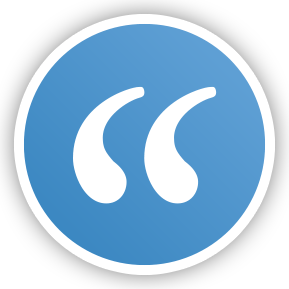 A blue circle with white quotes inside of it