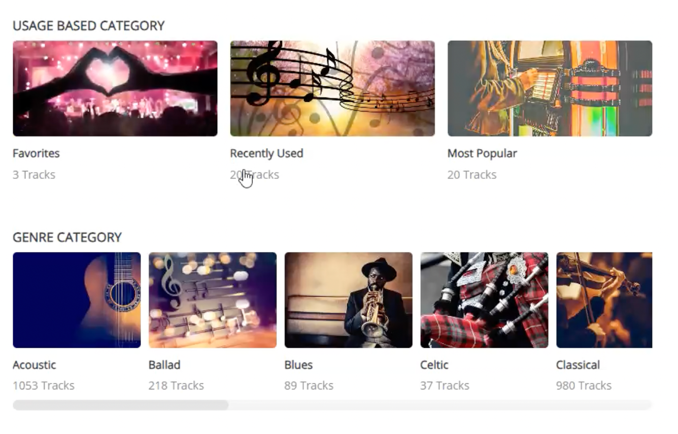 A screenshot of a music website with a usage based category and genre category.