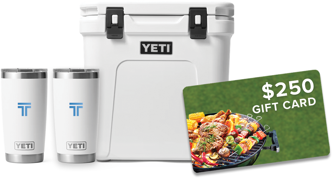 A yeti cooler , two tumblers , and a $ 250 gift card.
