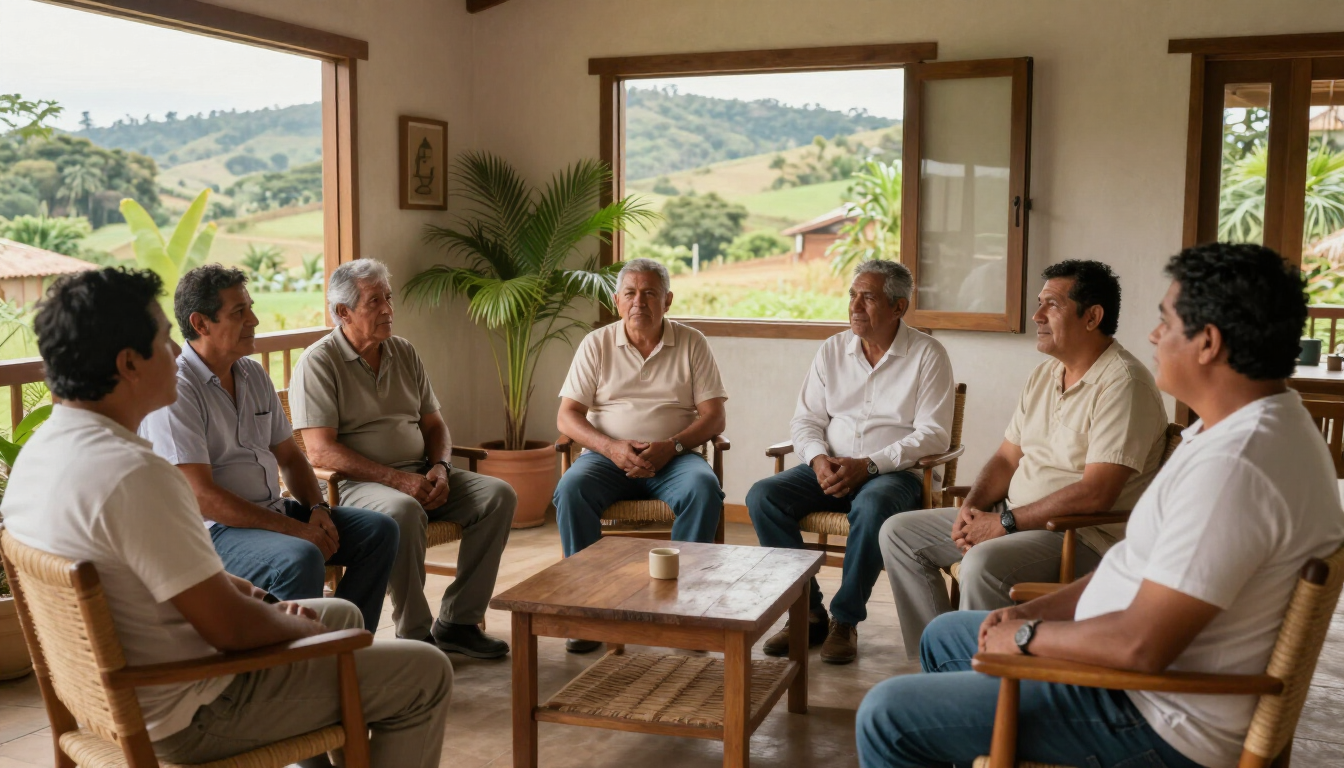 Siete personas están sentadas en una habitación luminosa, conversando en círculo, con vistas al campo a través de las ventanas abiertas.