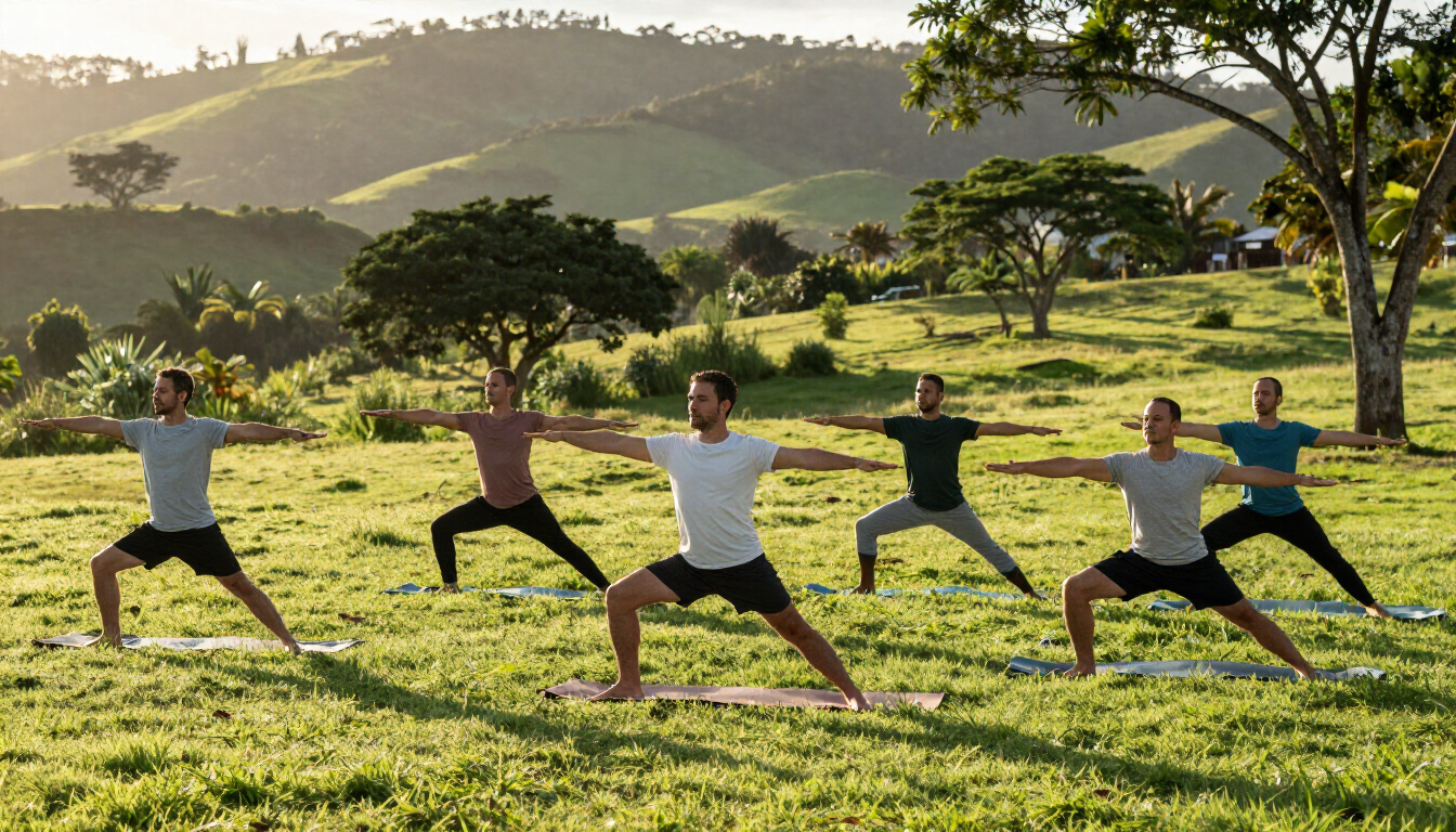 Grupo de personas haciendo estocadas de yoga en un campo cubierto de hierba, con colinas al fondo